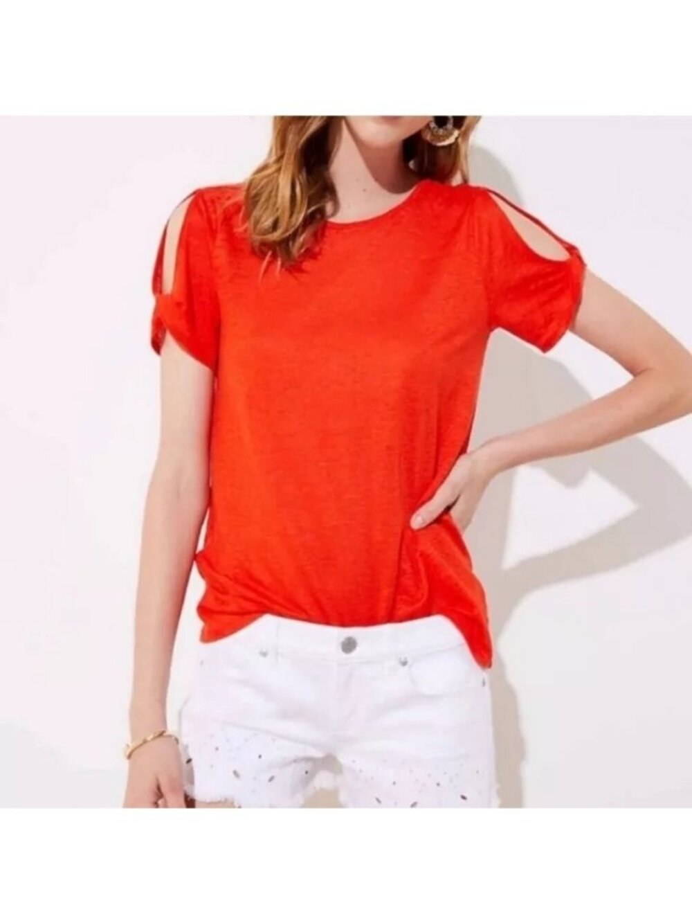 LOFT Top XS Twist Detail Vented Sleeve Crewneck Short Sleeve Linen Everyday Wear